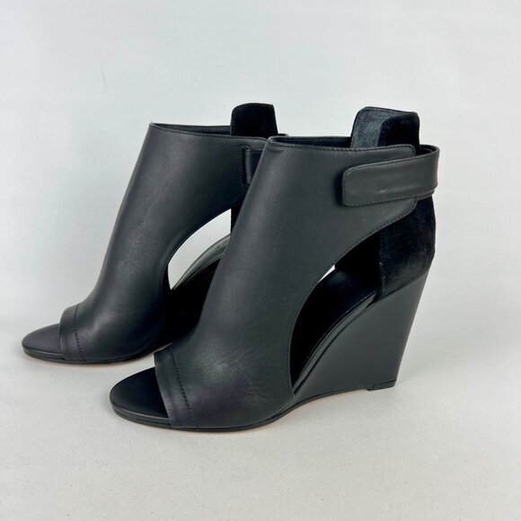 Vince Womens Kara Open Toe Wedge Sandal Black Leather Side Cutouts size 7 - Picture 4 of 16